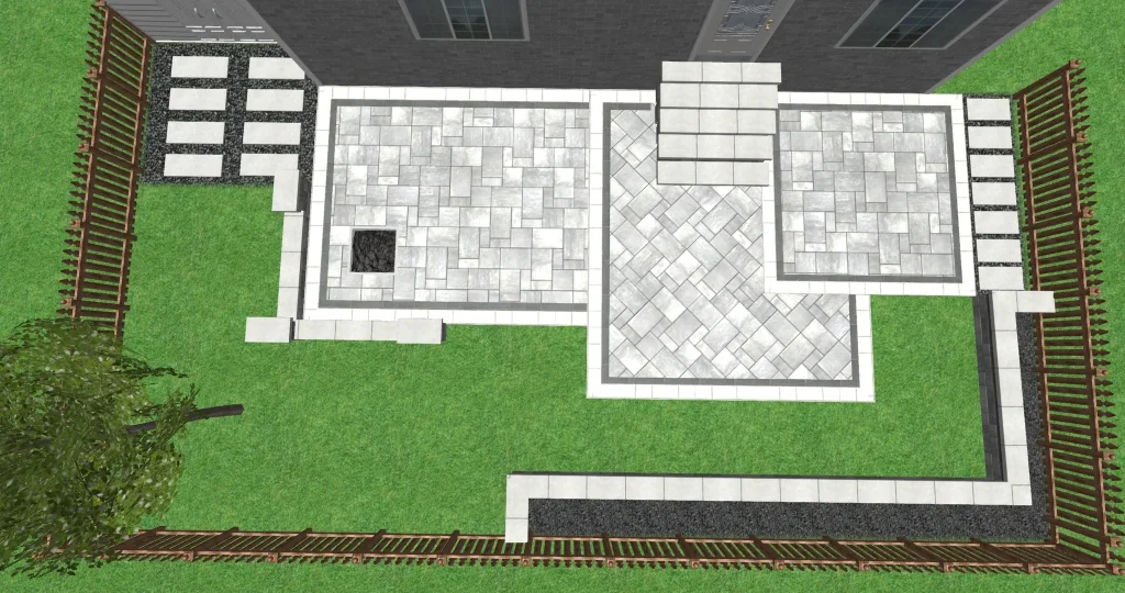 Design software plan of a backyard patio with two paver patterns and a planting border
